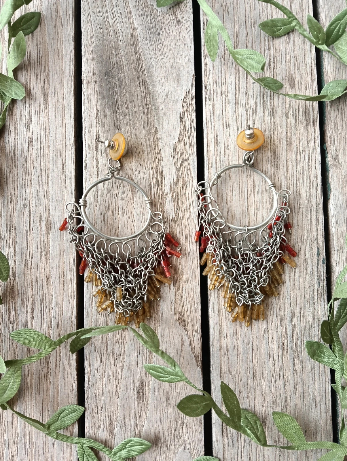 Boho chandelier earrings amber & rust glass bugle beads – Boheme 5