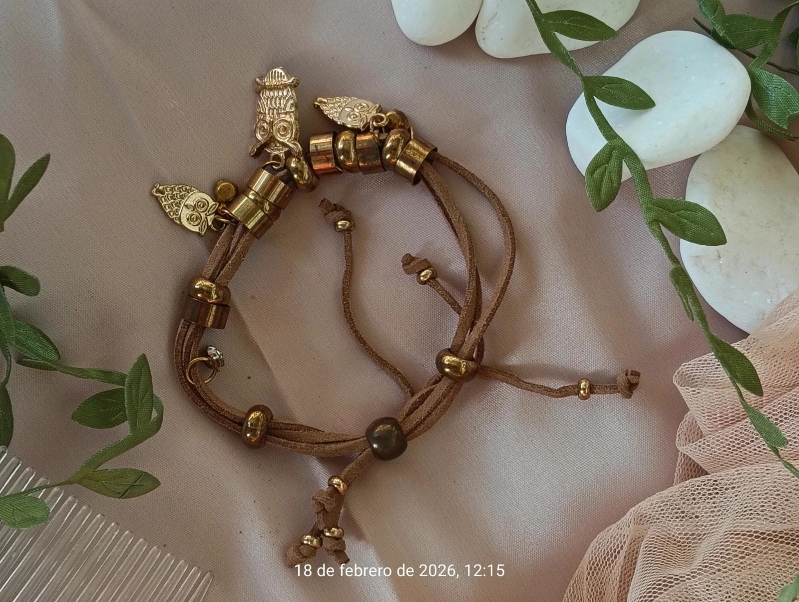 Antique bronze multi layer suede cord bracelet with OWL charm