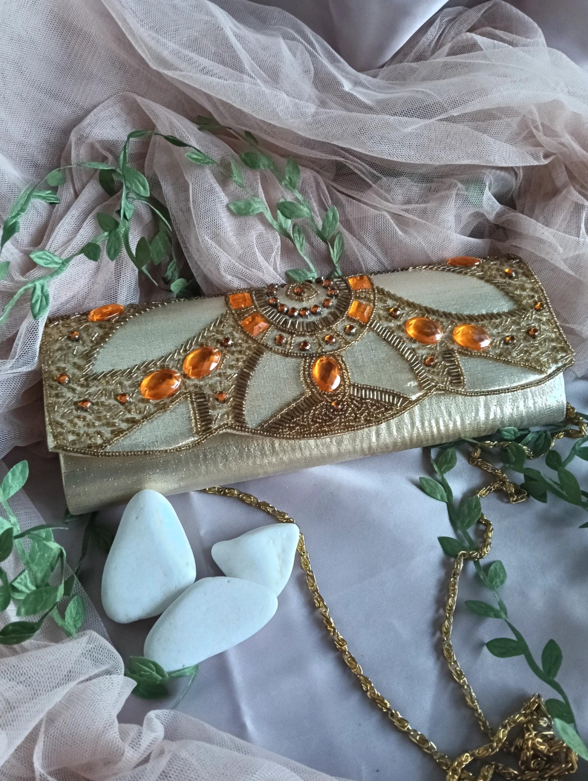 Gold beader clutch & amber gems and chain strap