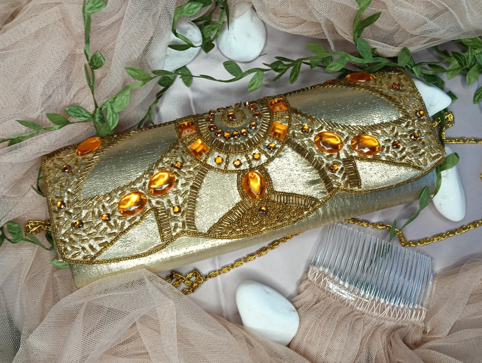 Gold beader clutch & amber gems and chain strap – Vintage Chic 2
