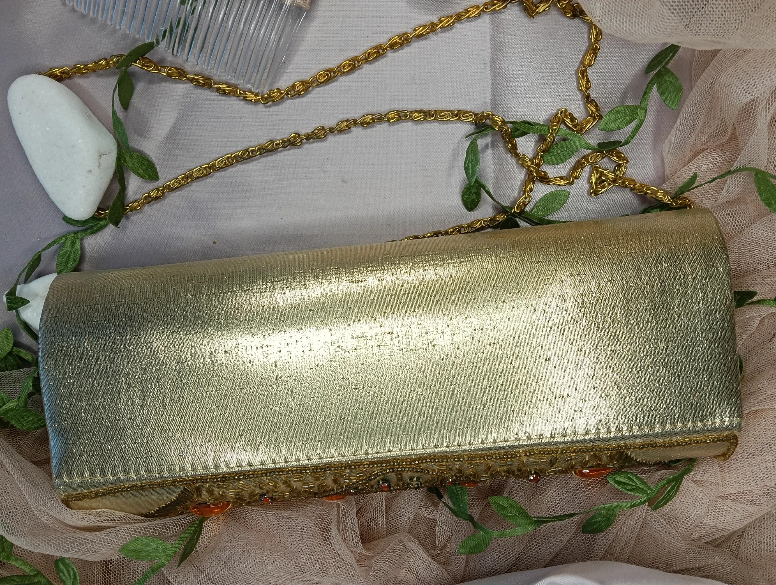 Gold beader clutch & amber gems and chain strap – Vintage Chic 3