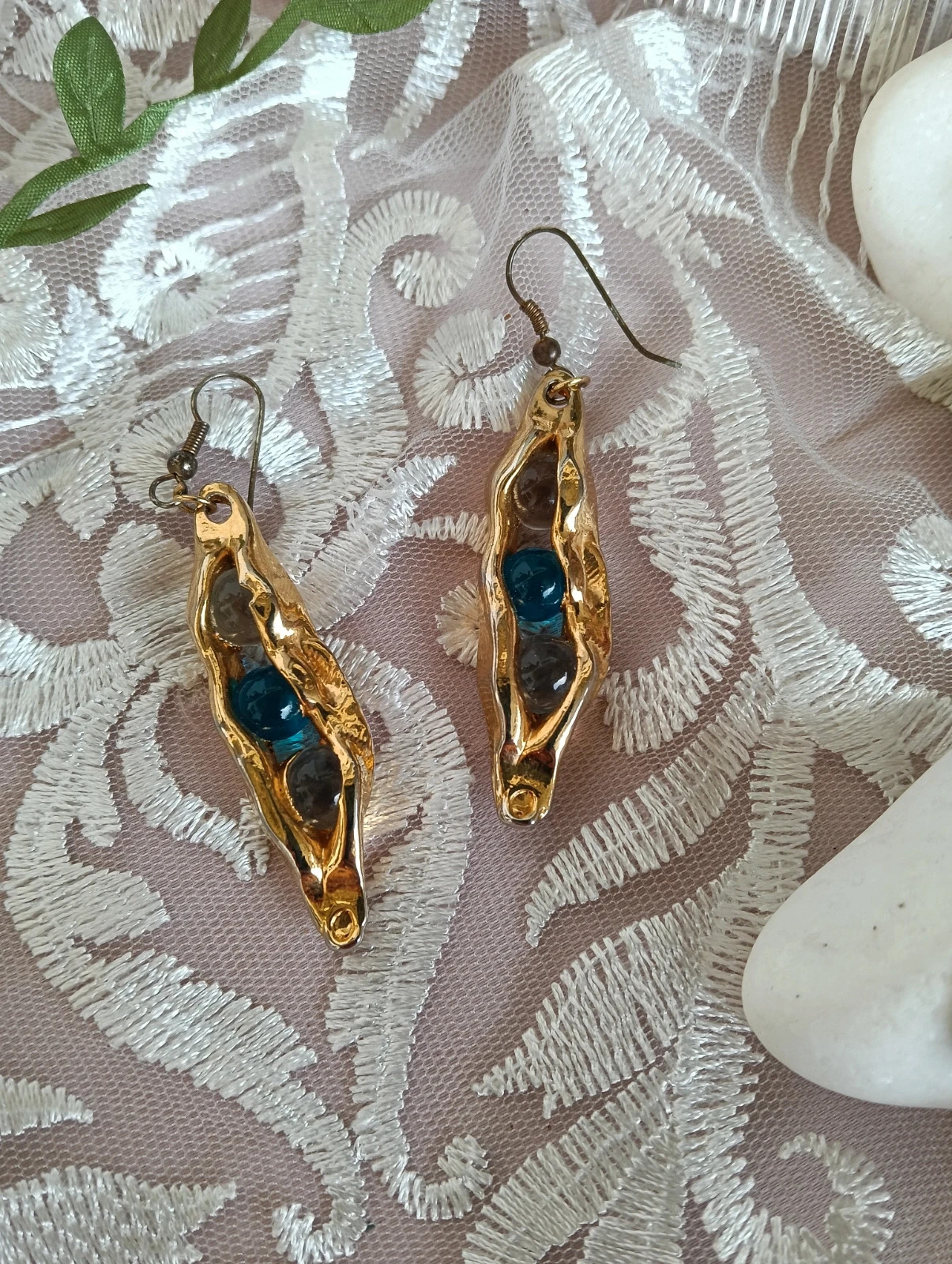 Vintage gold tone pea pod drop earrings with blue smoky glass beads – Vintage Chic 2
