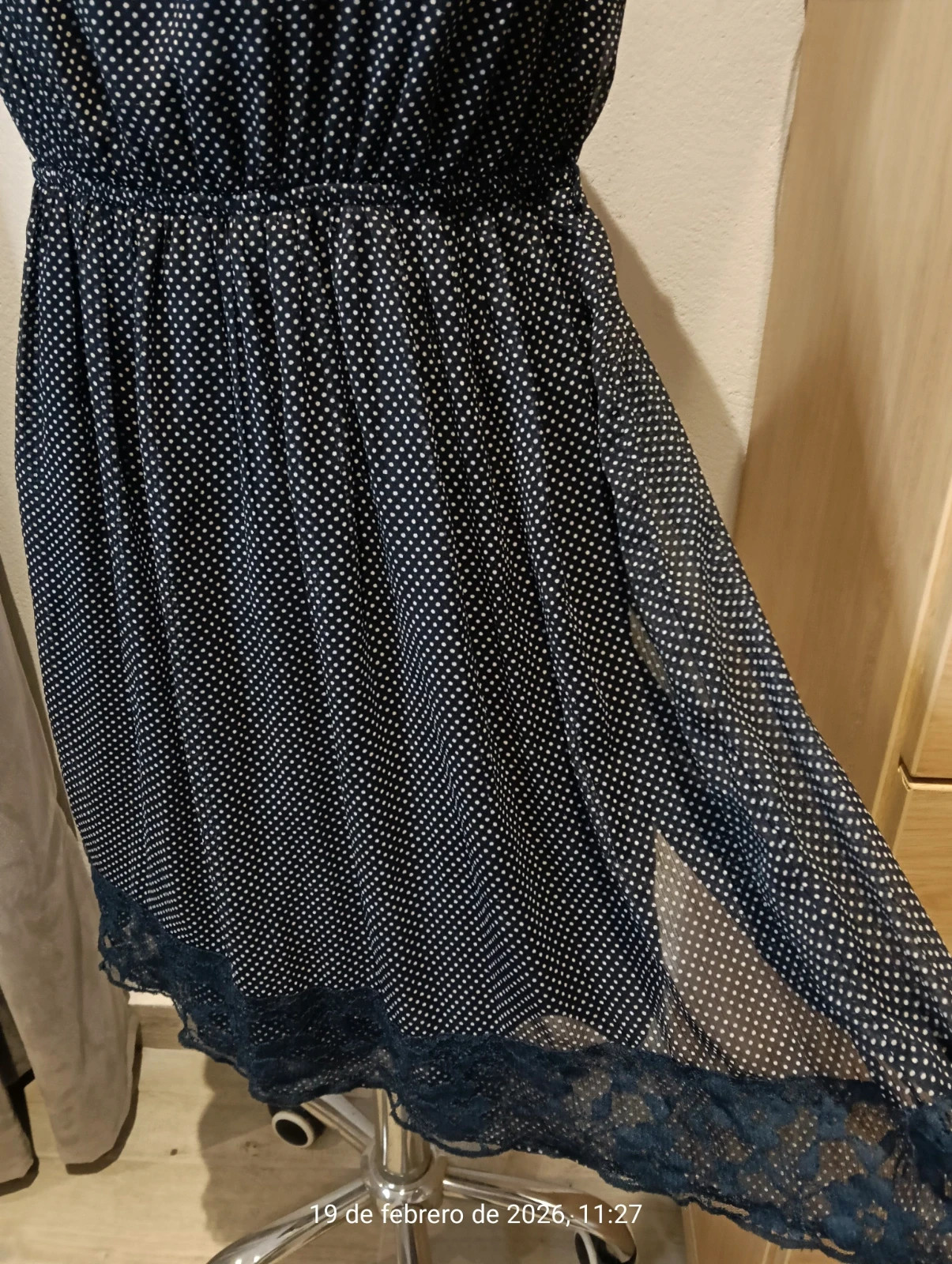 Vintage retro blue marine polka doy mini dress lace details size s – Vintage Dressing – taille S / 36 / 8 5