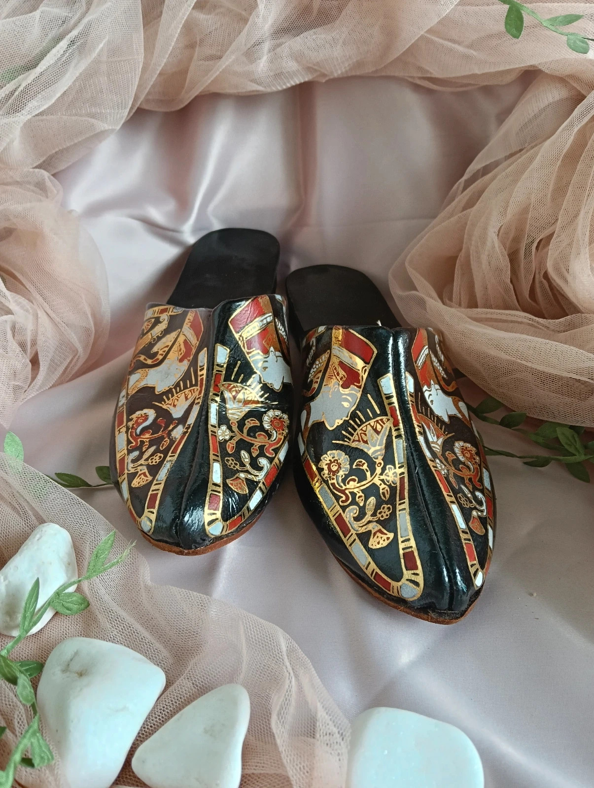 Vintage hand painted egypcian revival leather mules Nefertiti & Lotus art deco – Vintage Dressing – taille 36 2