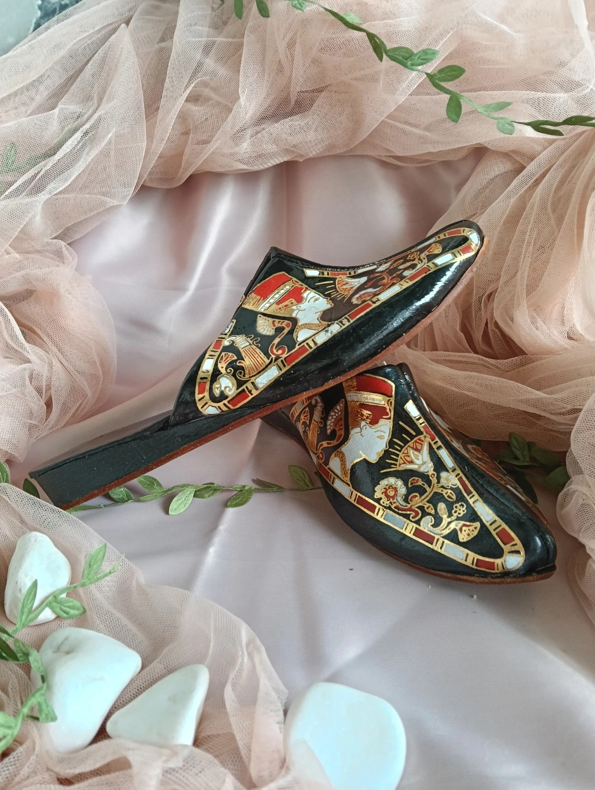 Vintage hand painted egypcian revival leather mules Nefertiti & Lotus art deco – Vintage Dressing – taille 36 4