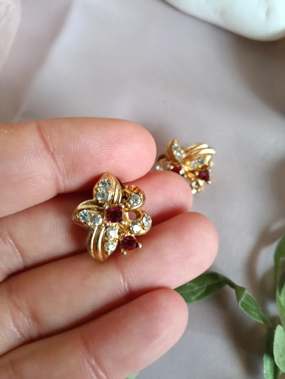 Vintage Gold-Tone Floral Cluster Clip-On Earrings with Ruby Red and Crystal Rhinestones