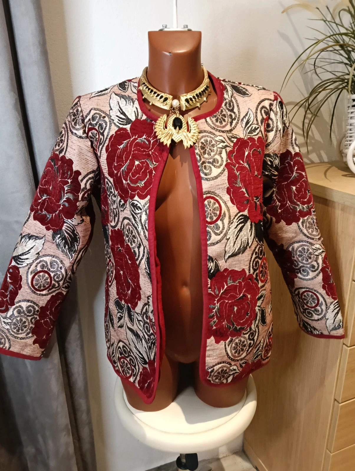 Vintage tapestry floral blazer red roses & gold accents – Vintage Chic – taille XL / 42 / 14 2