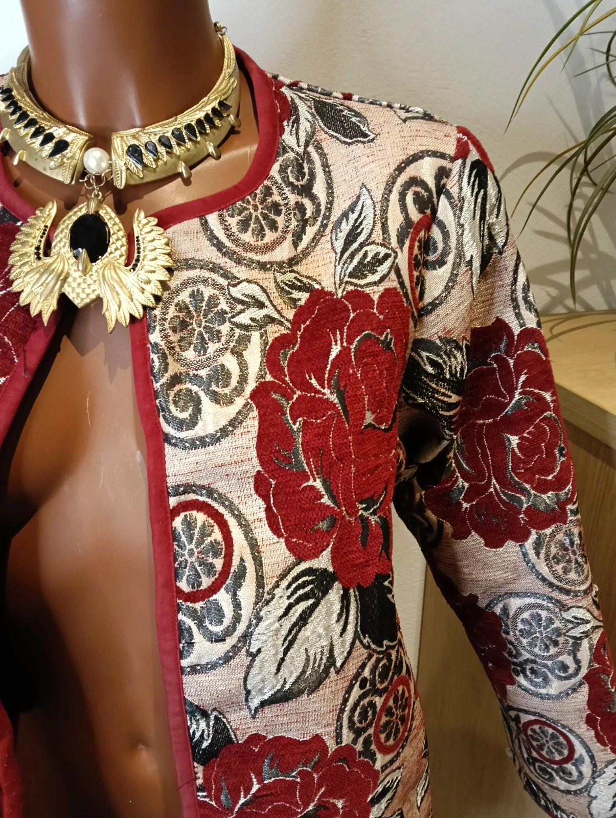 Vintage tapestry floral blazer red roses & gold accents – Vintage Chic – taille XL / 42 / 14 3