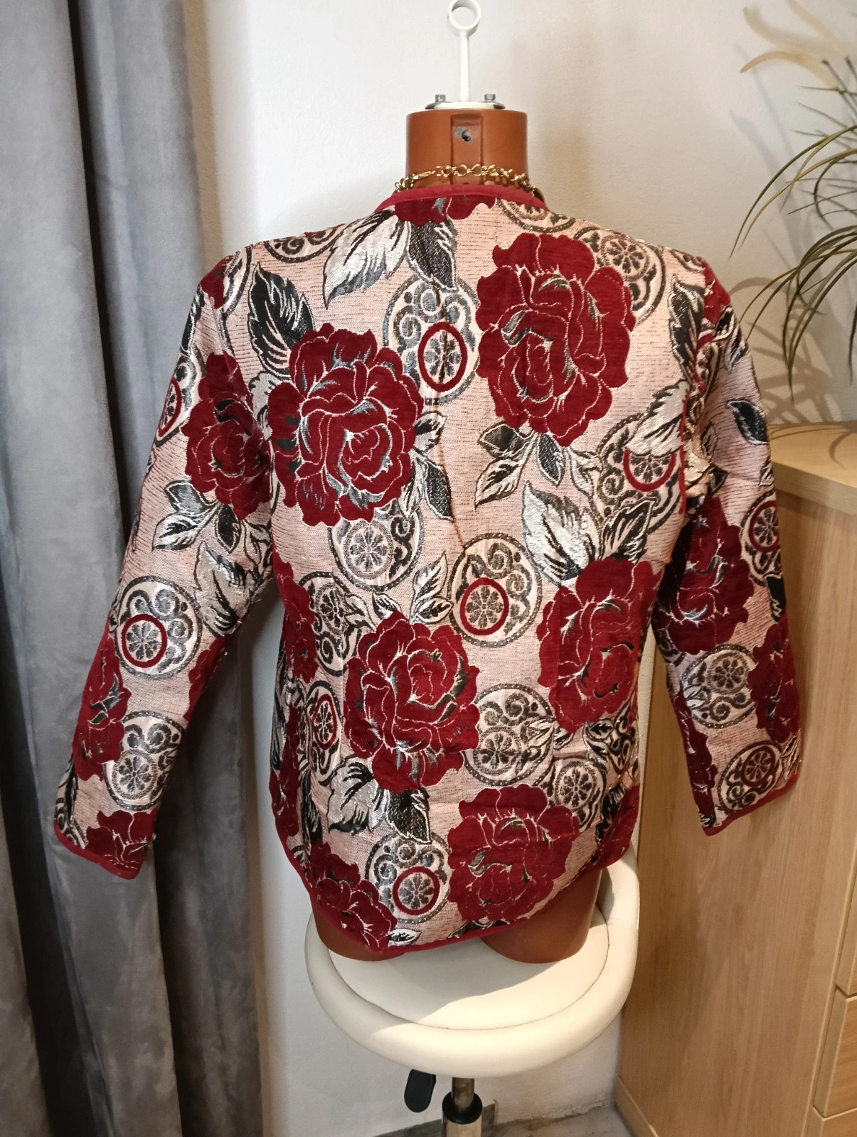 Vintage tapestry floral blazer red roses & gold accents – Vintage Chic – taille XL / 42 / 14 4