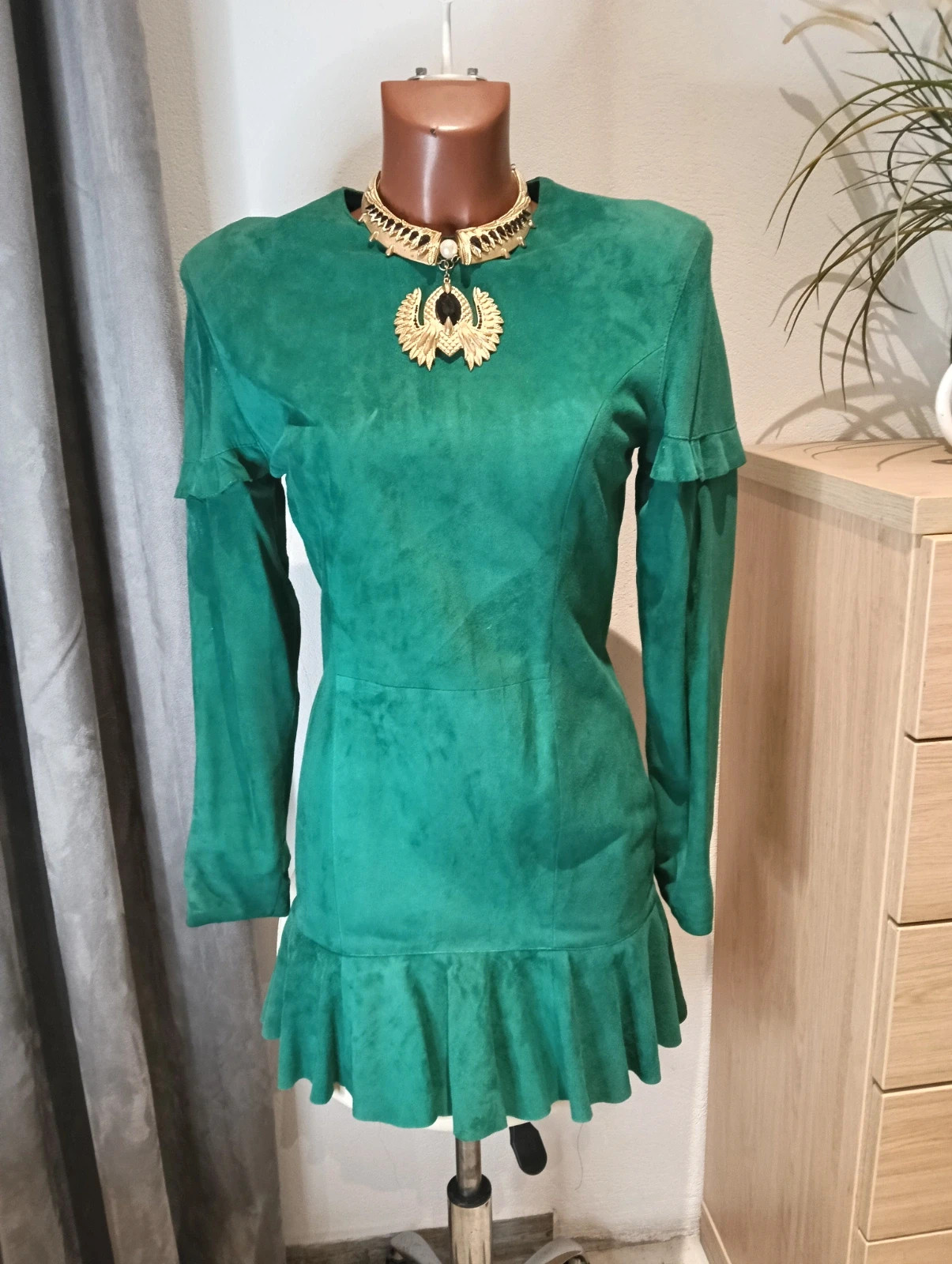 Vintage 80s emerald Green faux suede ruffle mini dress long sleeve s/m