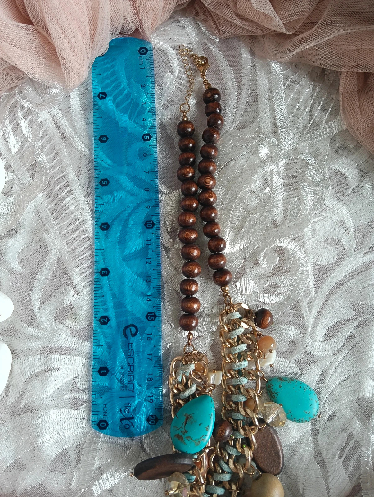 Vintage boho stat neklace Chunky gold chain with turquoise teardrops wood beads – Bohemian 4