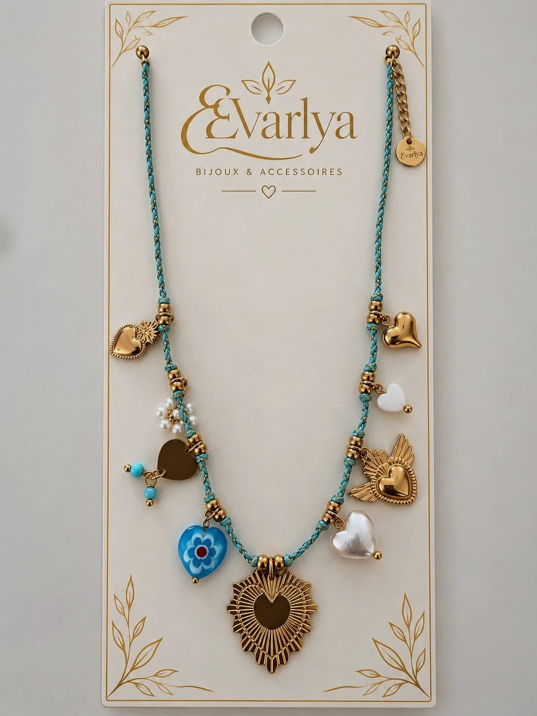Elvarya Collier Charms Cœurs Turquoise & Doré en Acier Inoxydable