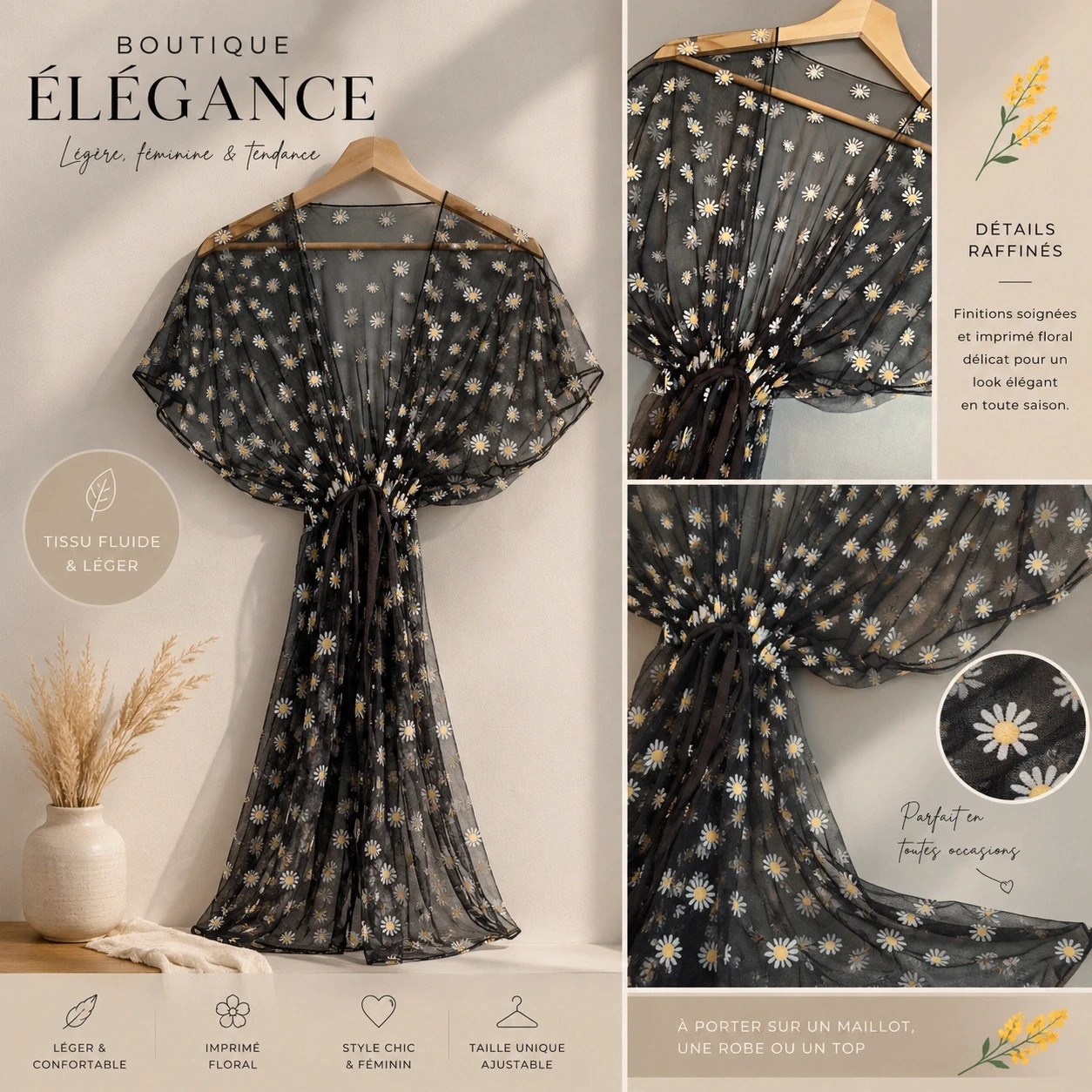 Kimono sarong voile noire tendance Marguerite – kimery – taille L / 40 / 12