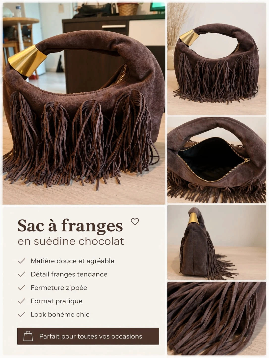 Sac inspi a franges style daim Marron – Phil Firenze 2
