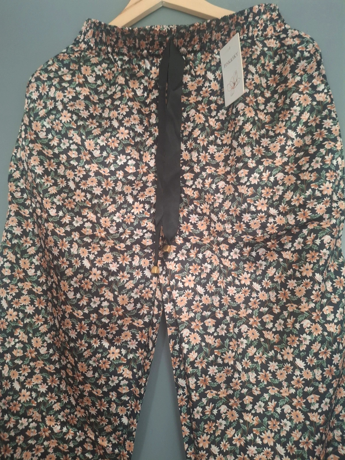 Pantalon palazzo fluide imprimé Liberty – Pink & Sky – taille XL / 42 / 14 3