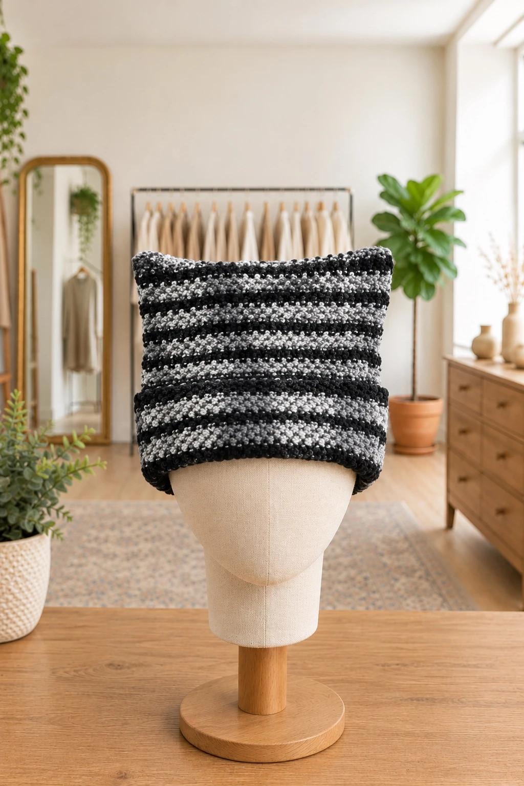 Bonnet tricoté noir et gris avec oreils de chat tendance Y2K émp