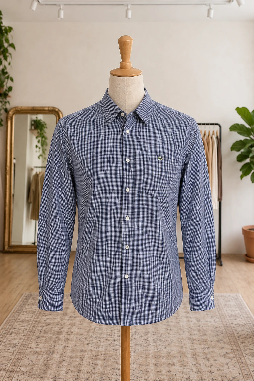 Chemise à carreaux bleu et blanc logo brodé Lacoste à manches longues élégant taille 39