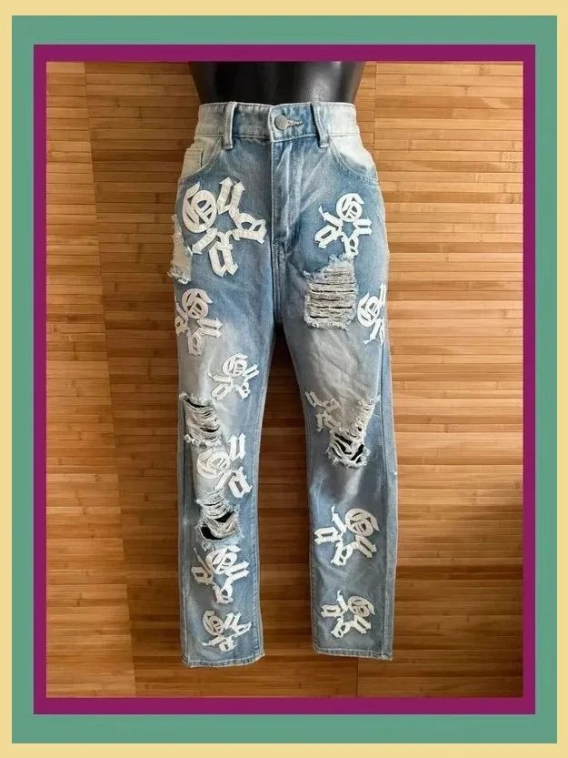 Vaquero vintage rotos y bordados apliques, talla 38 😍
