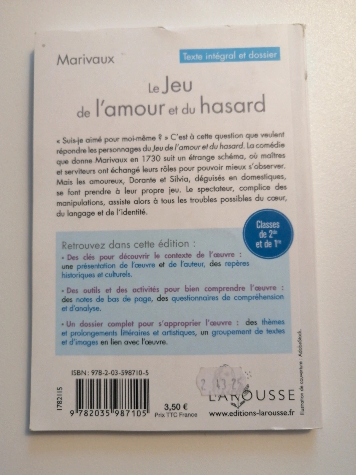 Livre Bac Le Jeu de l'amour et du hasard de Marivaux - Édition Petits Classiques Larousse – editions petits classique Larousse 2