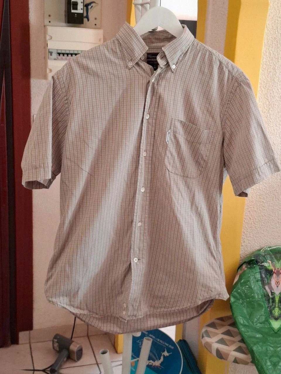 Chemise Manches Courtes Rétro Façonnable - Carreaux Blanc & Beige - Taille 2 / 15R (M/L)