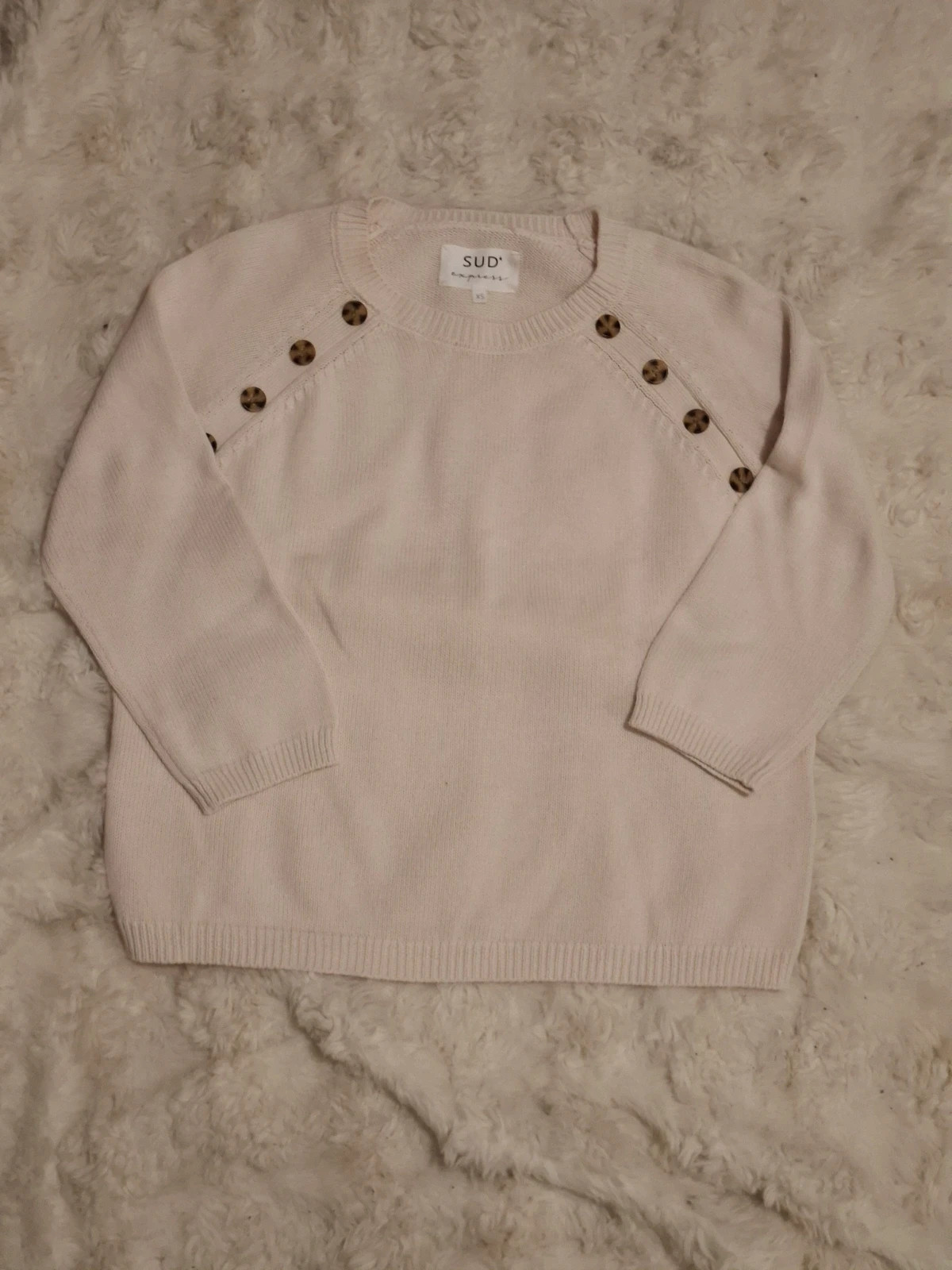 Pull en maille Sud Express - Écru - Épaules boutonnées - Coupe boxy - Taille XS