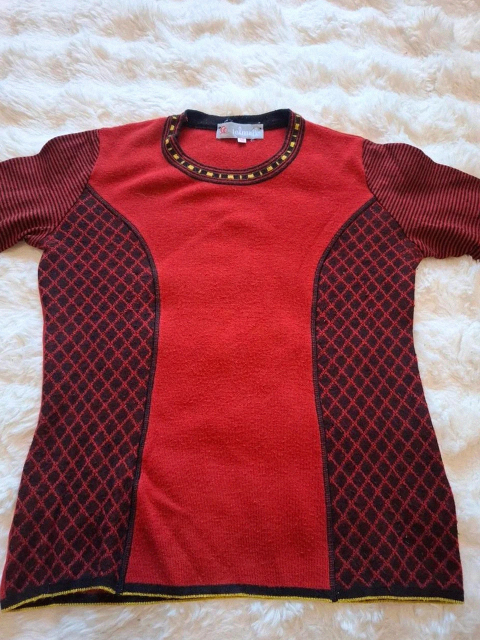 Pull fin / Pull-over Telmail Rouge et Noir Motifs Géométriques T.40 (M) – Vintage – taille M / 38 / 10 2