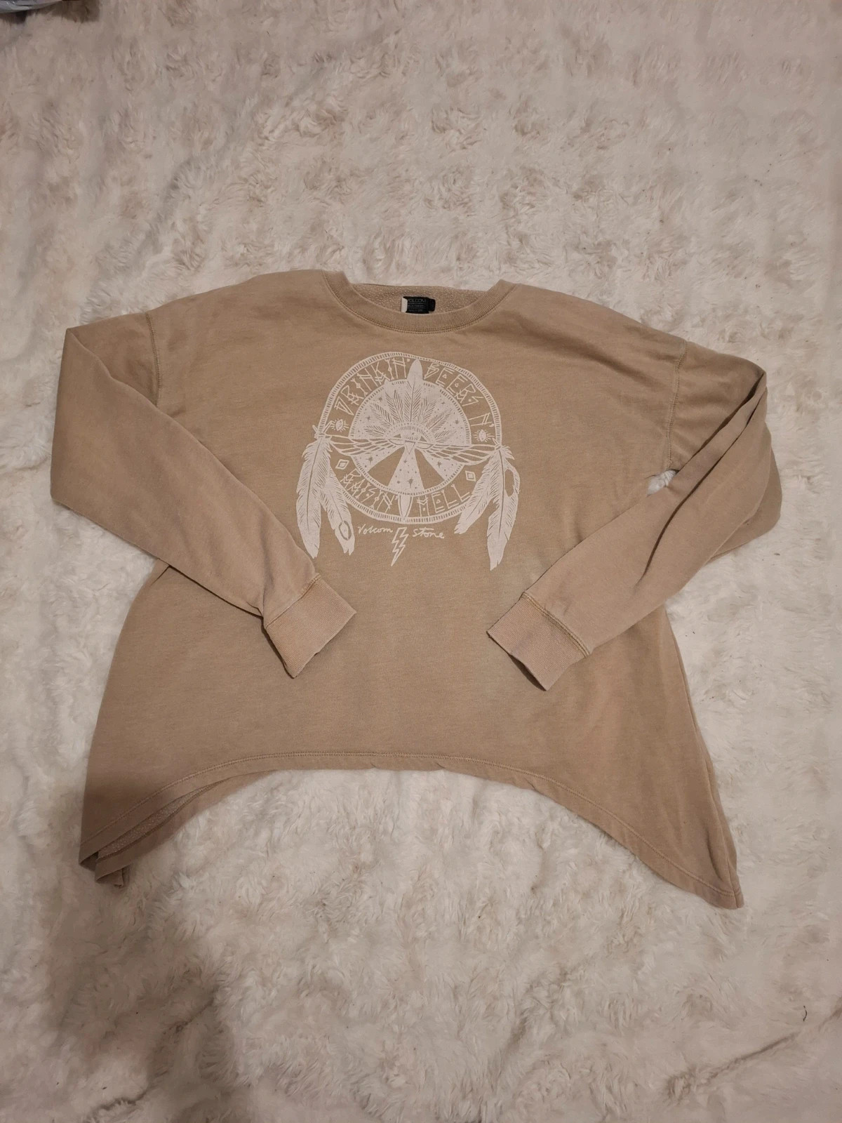 Sweat / Pull léger Volcom - Beige sable - Motif graphique et coupe asymétrique - Taille L