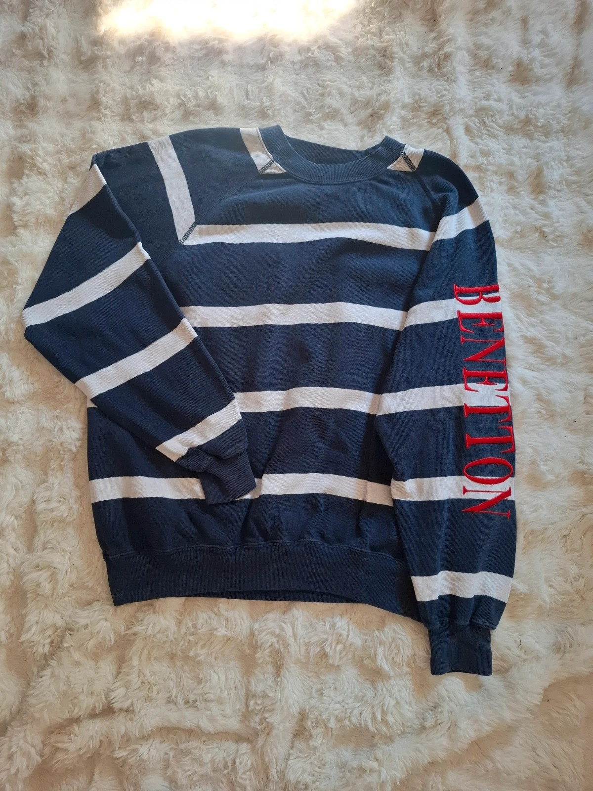Sweat vintage Rugby Benetton - Rayé bleu marine et blanc - Broderie bras - Taille M
