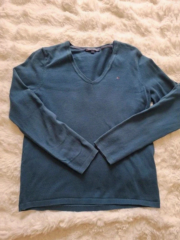 Léger Pull-over Col V Tommy Hilfiger Bleu Canard T.S