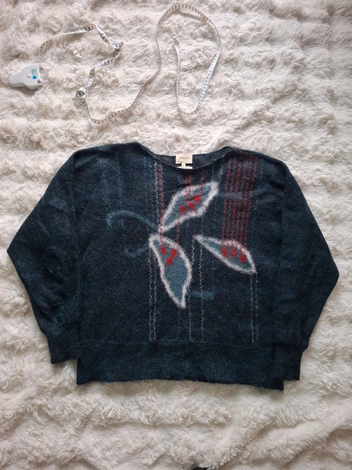 Pull mohair et laine mérinos Bellerose bleu motif feuillage taille 4