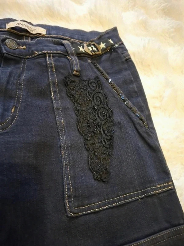 Pantalon cargo Jean Amnesia Noir Dentelle & Strass T.42 (Fabriqué en France) – Amnesia – taille XL / 42 / 14 4