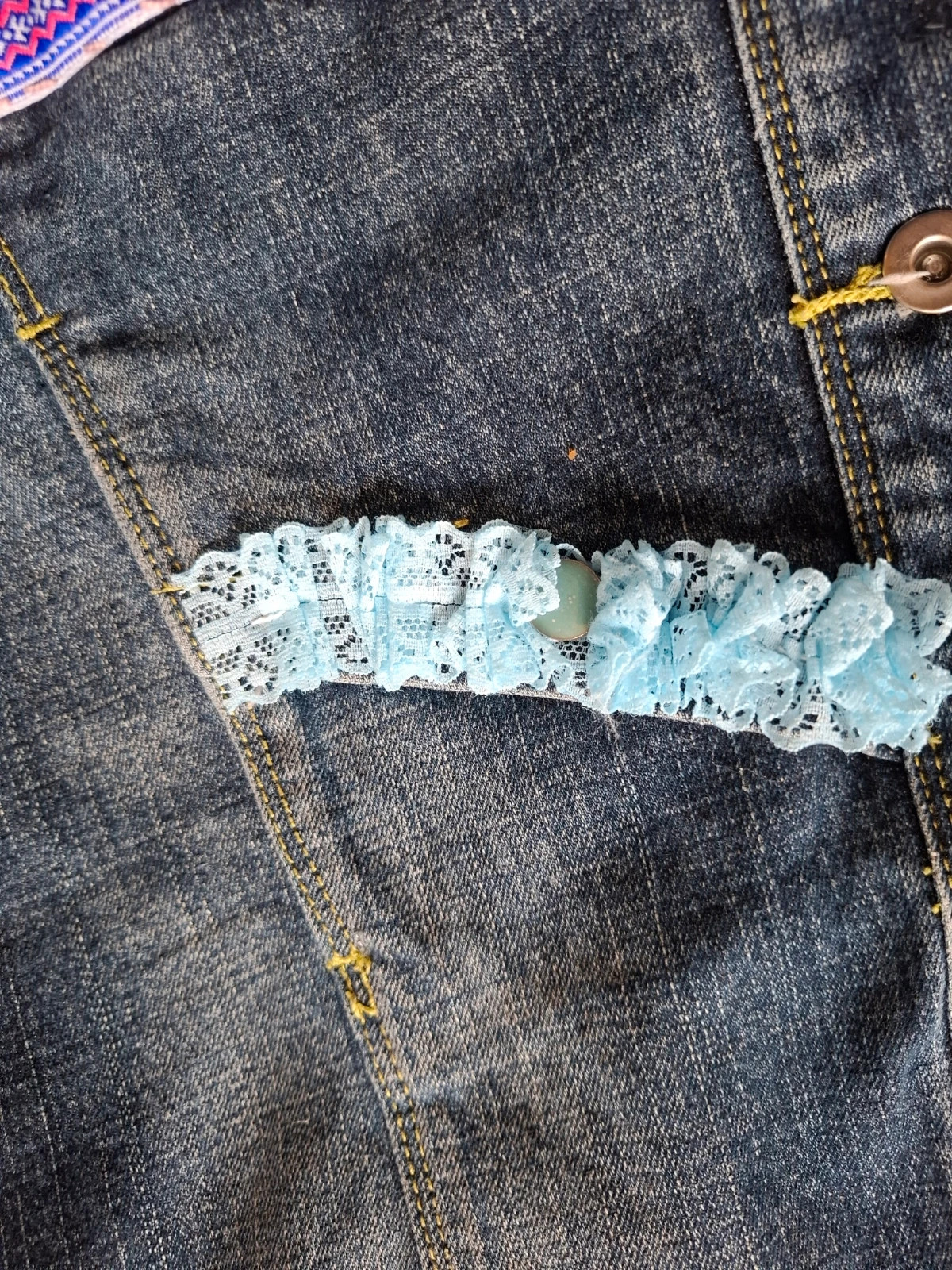 Veste en jean brodée dentelle et strass style ethnique bohème chic taille M – F&2 – taille M / 38 / 10 5