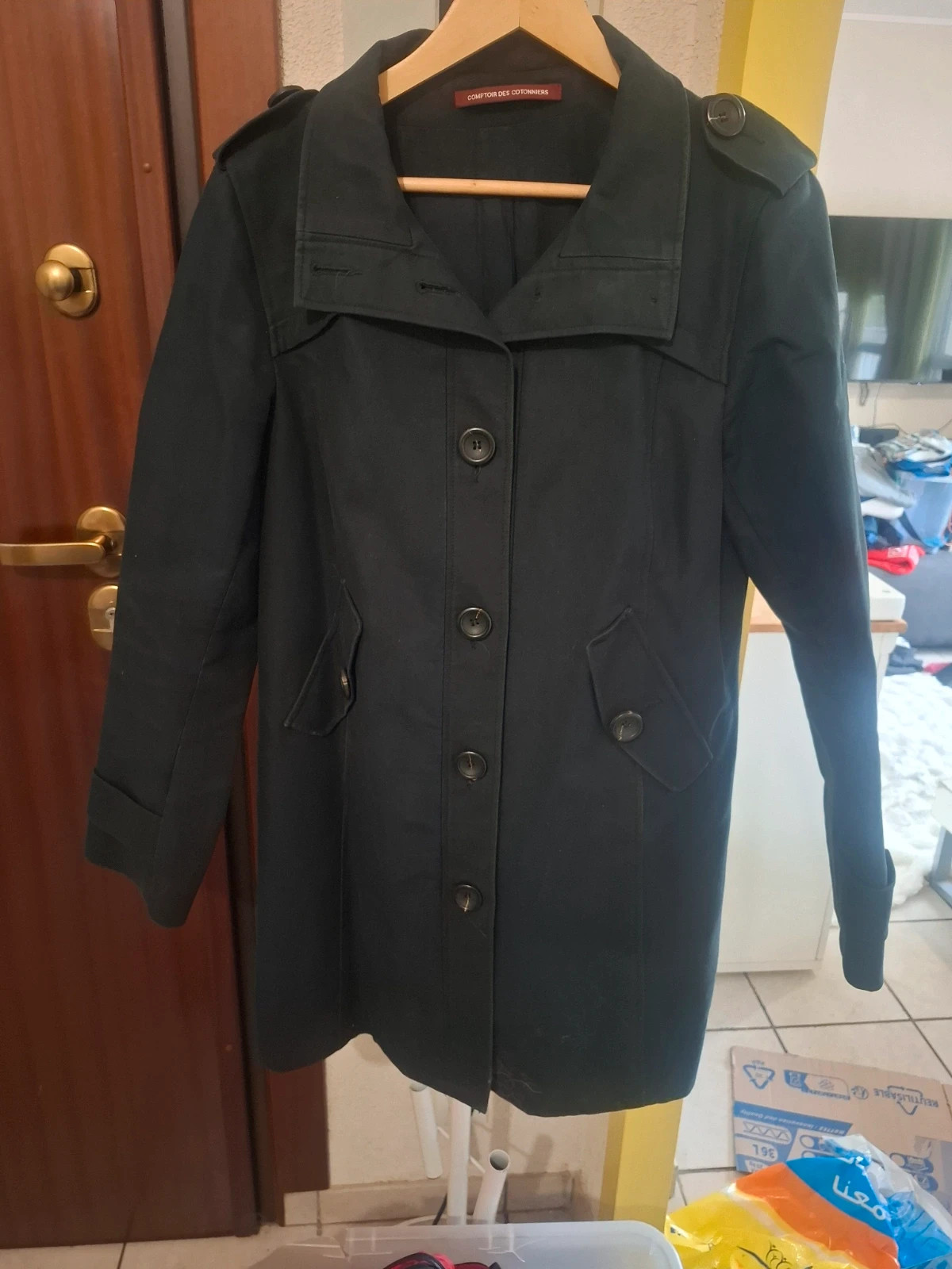 Trench manteau noir élégant col tailleur Comptoir des Cotonniers taille 42