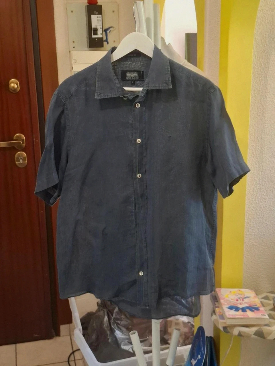Chemise Lin Gris / Bleu Manches Courtes T.L Serge Blanco