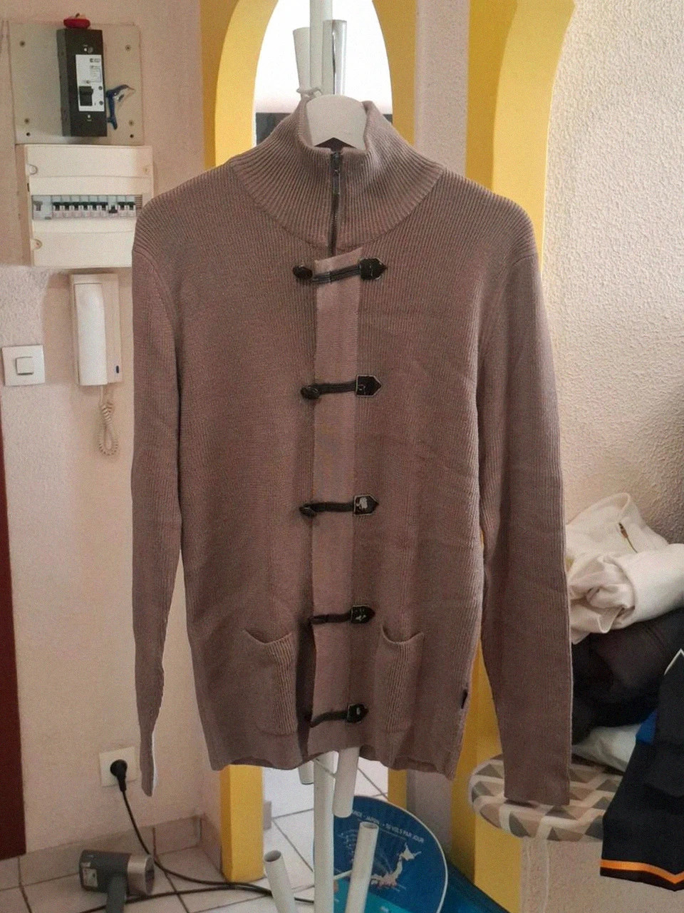 Cardigan / Gilet Zippé à Brandebourgs Mélangé Beige Izac T.L (40/42)