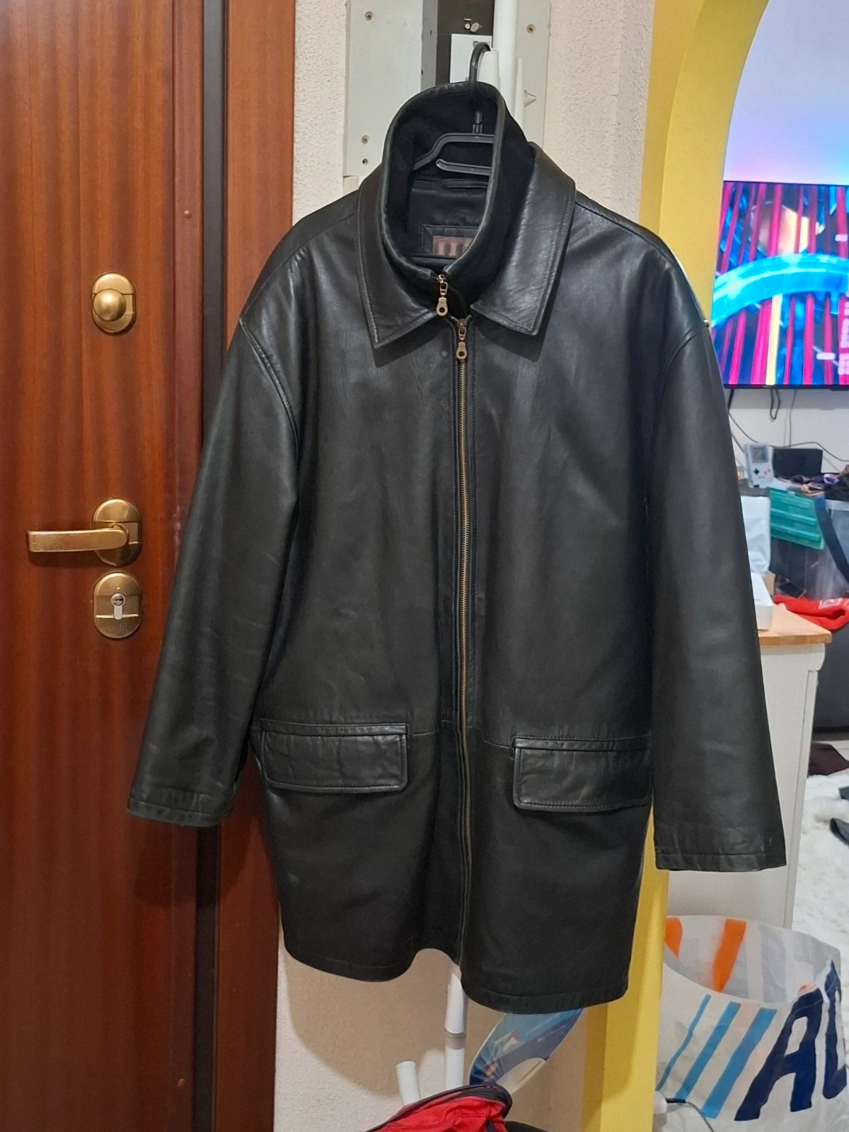Longue Veste / Manteau en Cuir Noir "De Fursac" T.L/XL