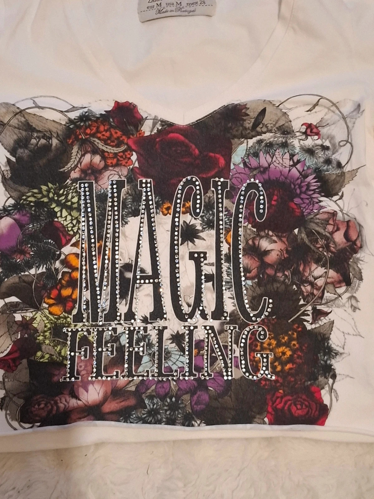 T-shirt Rétro Vintage Blanc Imprimé Floral "Magic Feeling" Zara T.M / S-M – Zara – taille M / 38 / 10 2