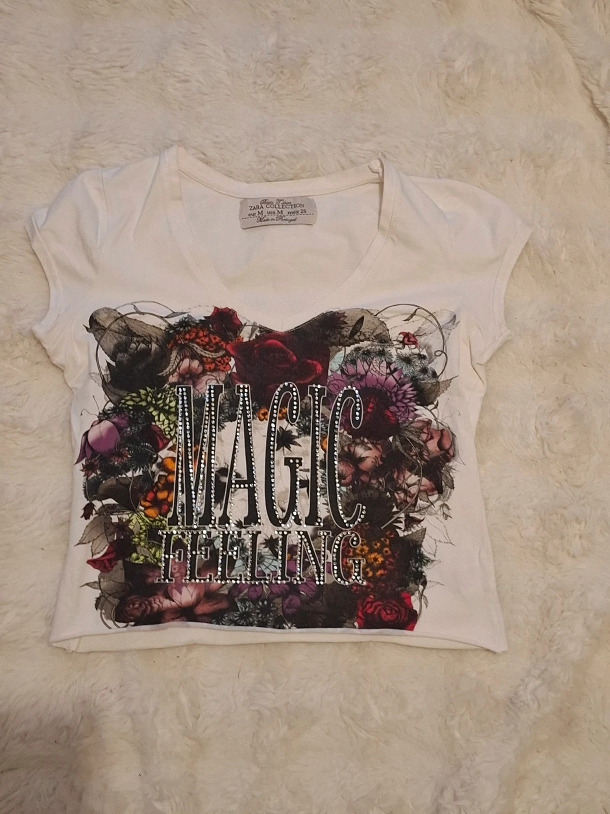 T-shirt Rétro Vintage Blanc Imprimé Floral "Magic Feeling" Zara T.M / S-M