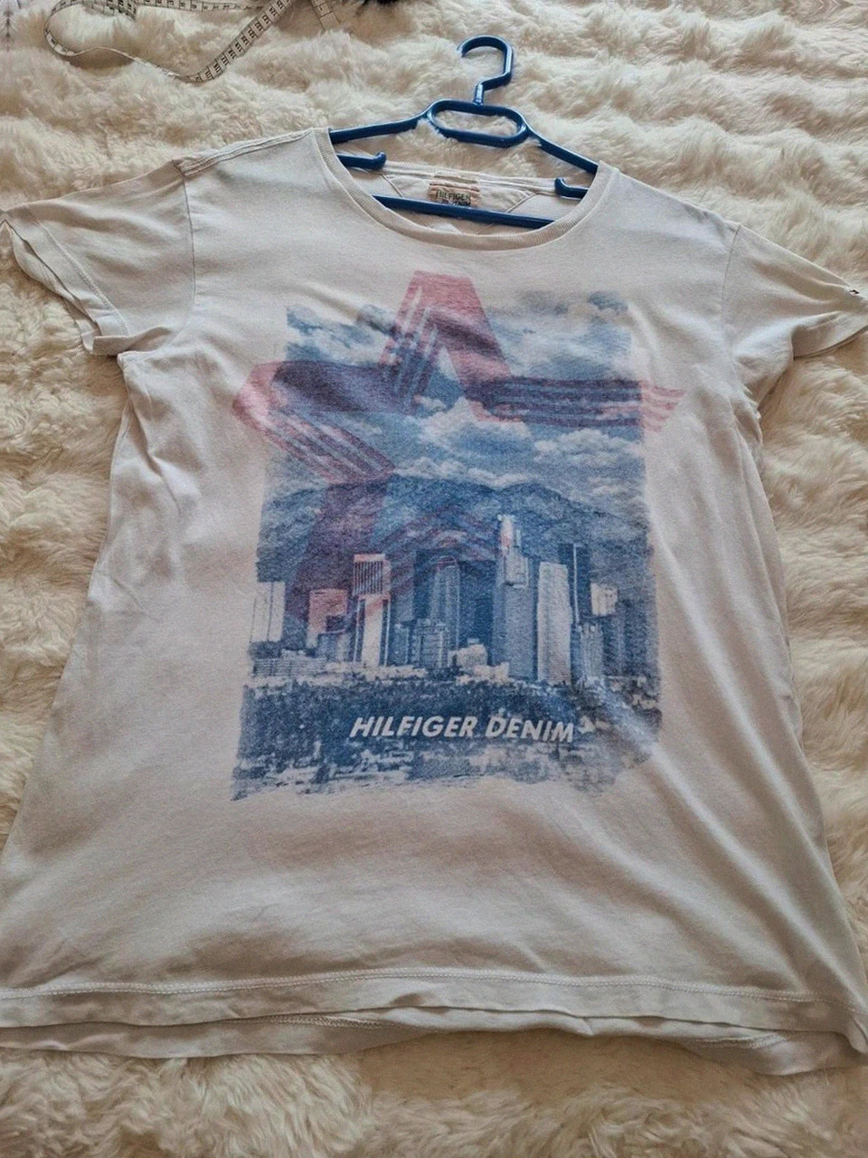 T-shirt Blanc Imprimé Hilfiger Denim - Skyline & Étoile - Manches courtes - Taille S