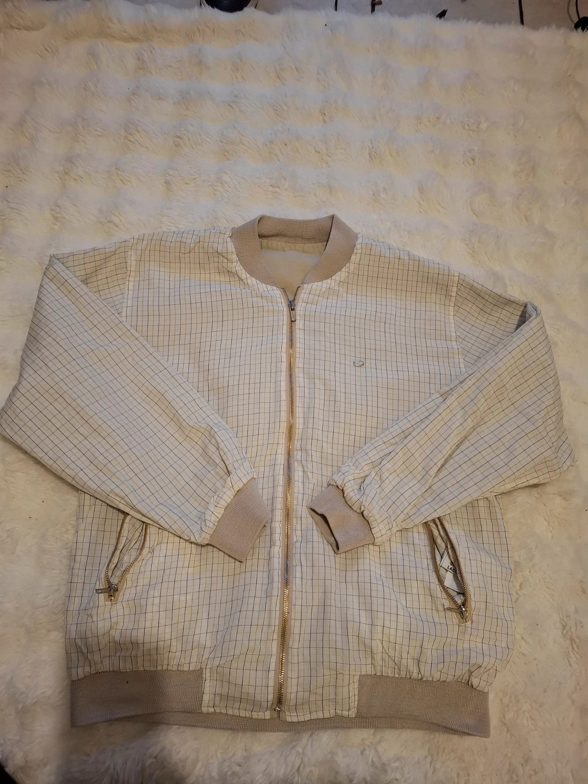 Bomber Réversible Rétro Vintage / Blouson Zippé Beige & Carreaux Lacoste T.XL / XL – Lacoste – taille XL 3