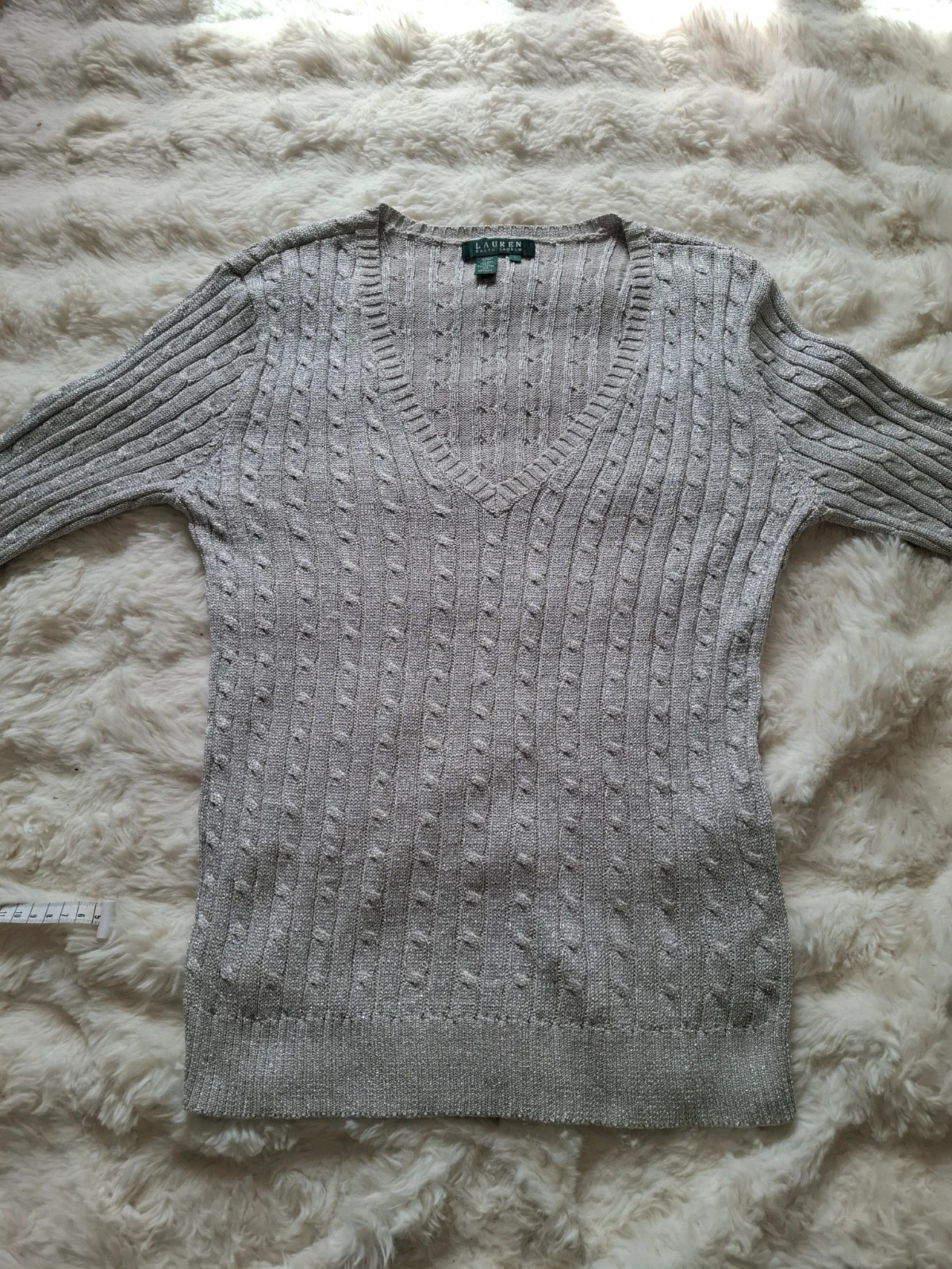 Pull Torsadé Rétro / Pull-over Col V Maille Scintillante Argentée Lauren Ralph Lauren T.L / L – Ralph Lauren – taille L / 40 / 12 2