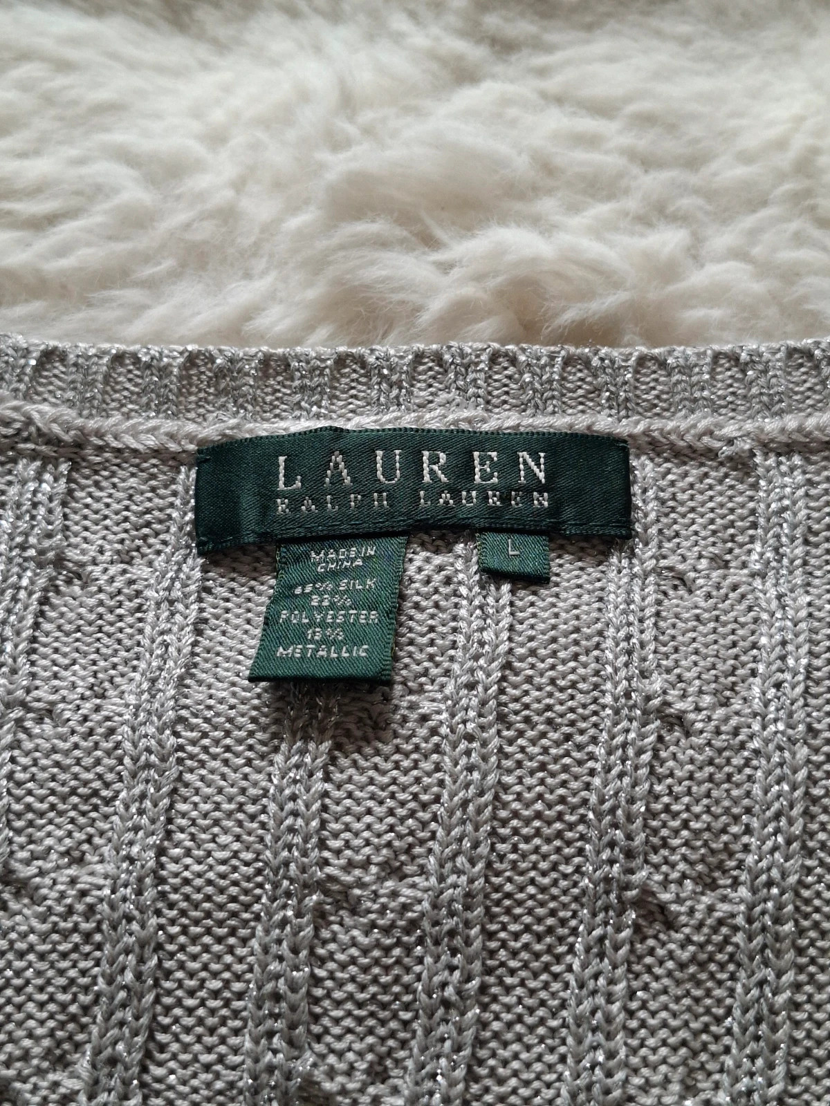 Pull Torsadé Rétro / Pull-over Col V Maille Scintillante Argentée Lauren Ralph Lauren T.L / L – Ralph Lauren – taille L / 40 / 12 4