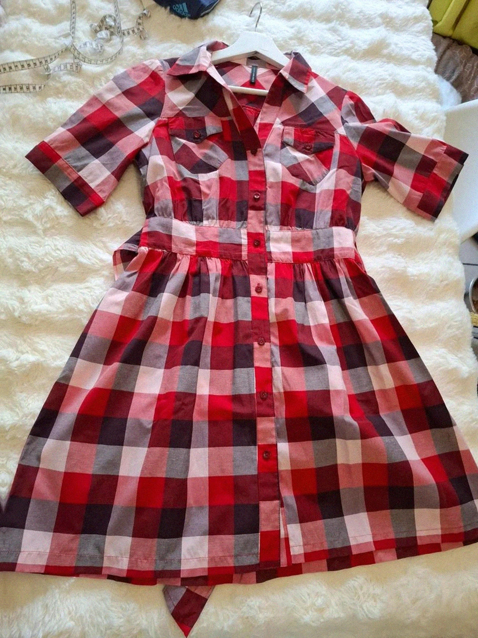 Robe à Carreaux Chemise Naf Naf - Rouge, Gris & Rose - Manches Courtes - Taille 38 – Naf Naf – taille M / 38 / 10 2