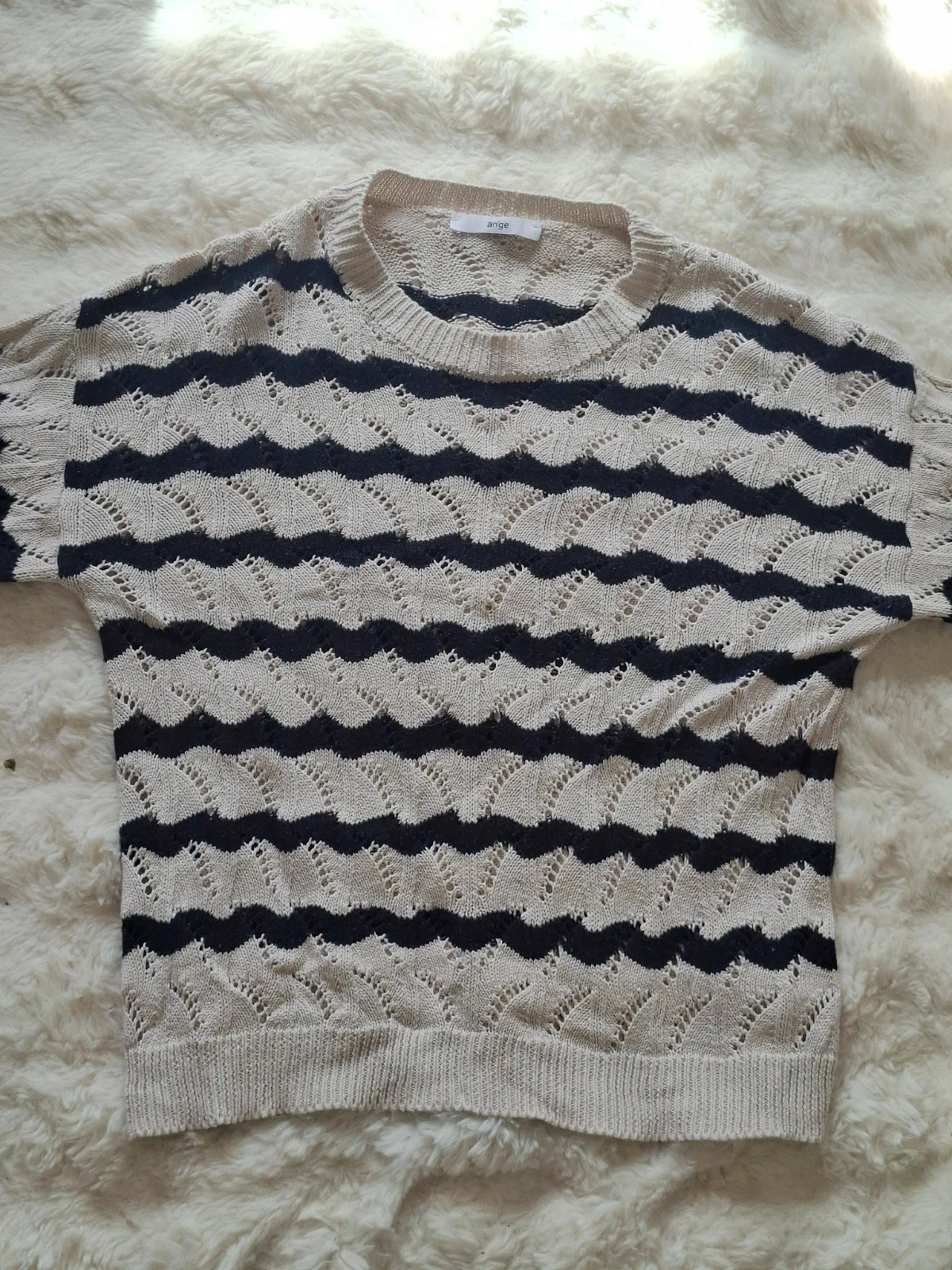Pull Crop Boxy Maille Ajourée Rayé Beige & Noir An'ge T.L / L – An'ge – taille L / 40 / 12 3