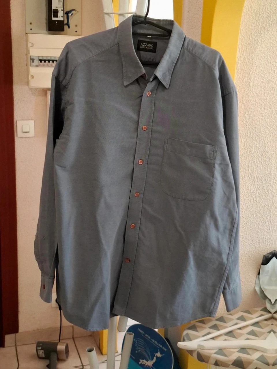 Chemise Azzaro Vintage (Loris Azzaro) - Bleu chiné / Gris - Manches longues - Taille 42 (16 1/2)