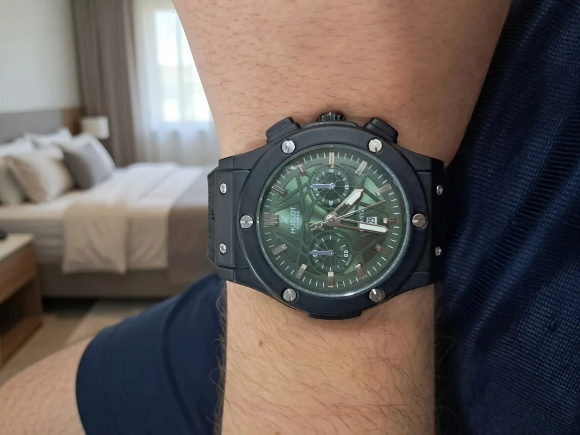 Montre chronographe noire cadran vert