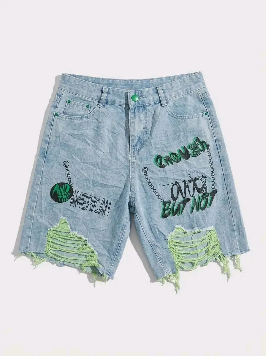 Short Jean Destroyé Imprimé Vert