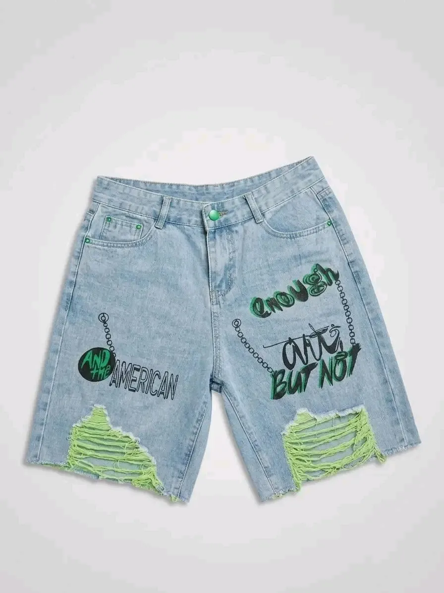 Short Jean Destroyé Imprimé Vert 3
