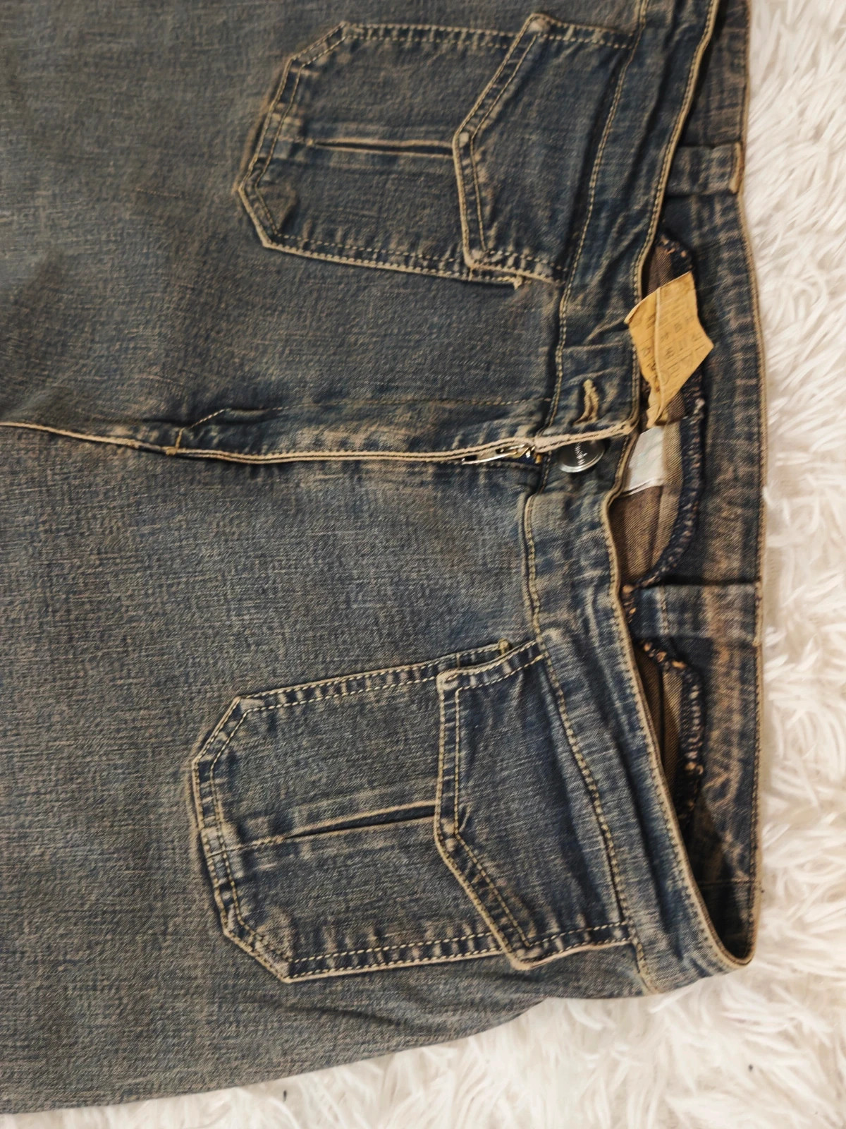 Jean vintage rétro gris-bleu délavé – Coupe légèrement évasée – Poches à rabat – Vintage Dressing – taille XS / 34 / 6 4