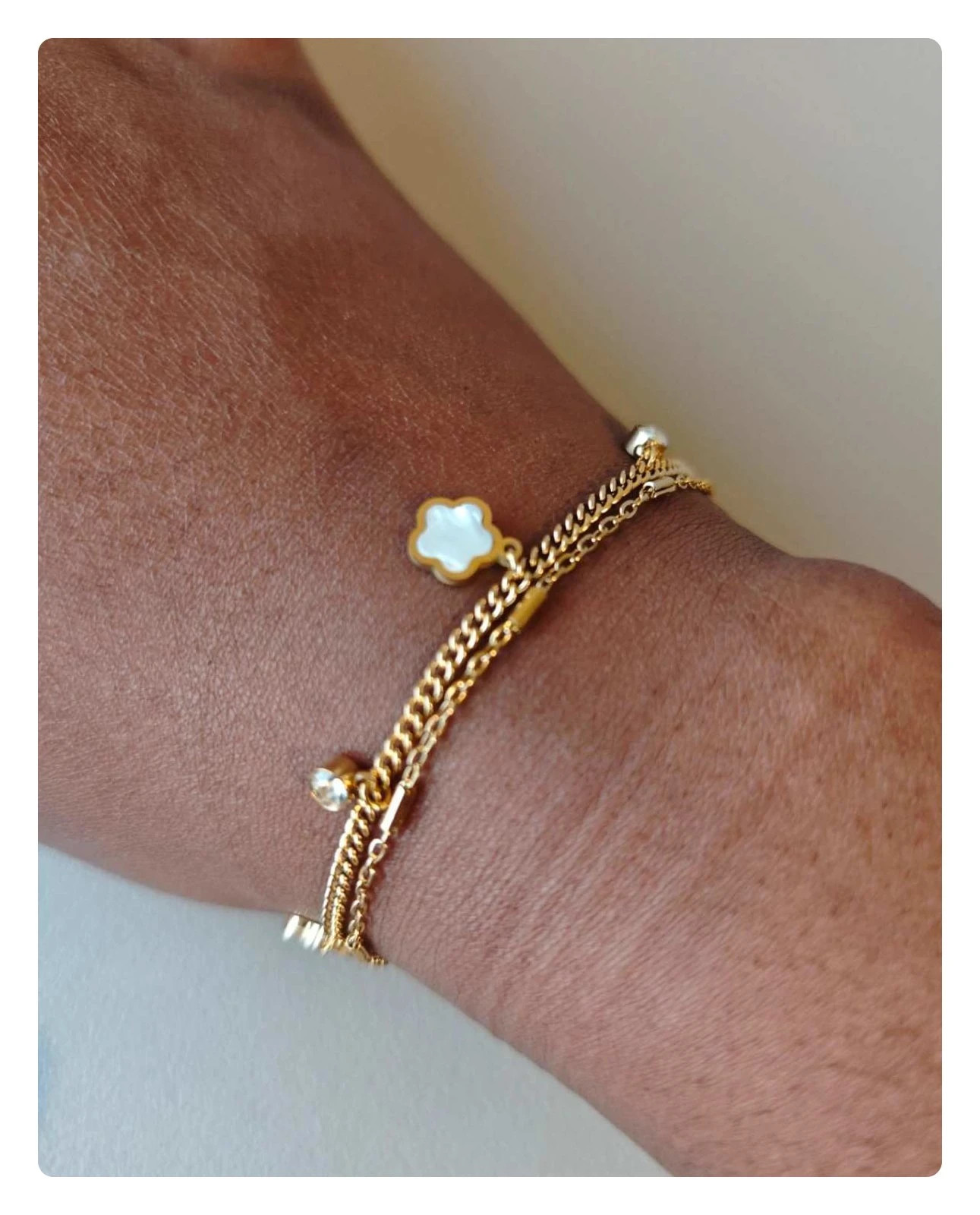 Bracelet double rang acier inoxydable doré fleurs nacre cristaux waterproof 2